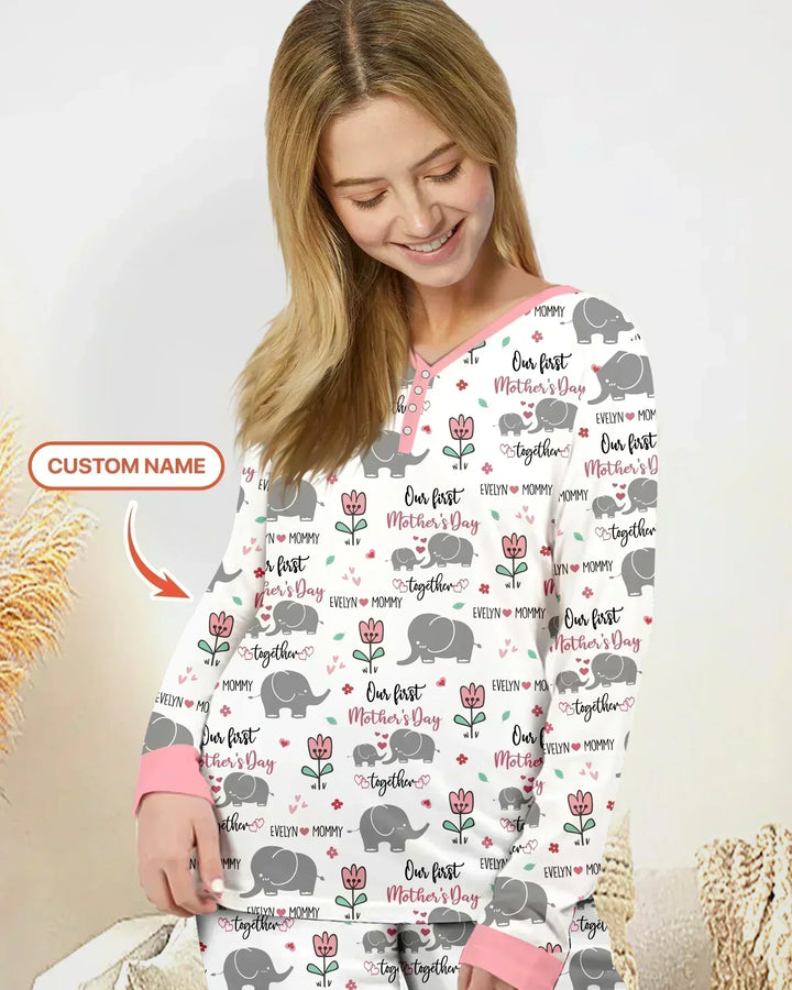 Custom Name Elephant Our First Mother's Day Bamboo Women Pajama Set