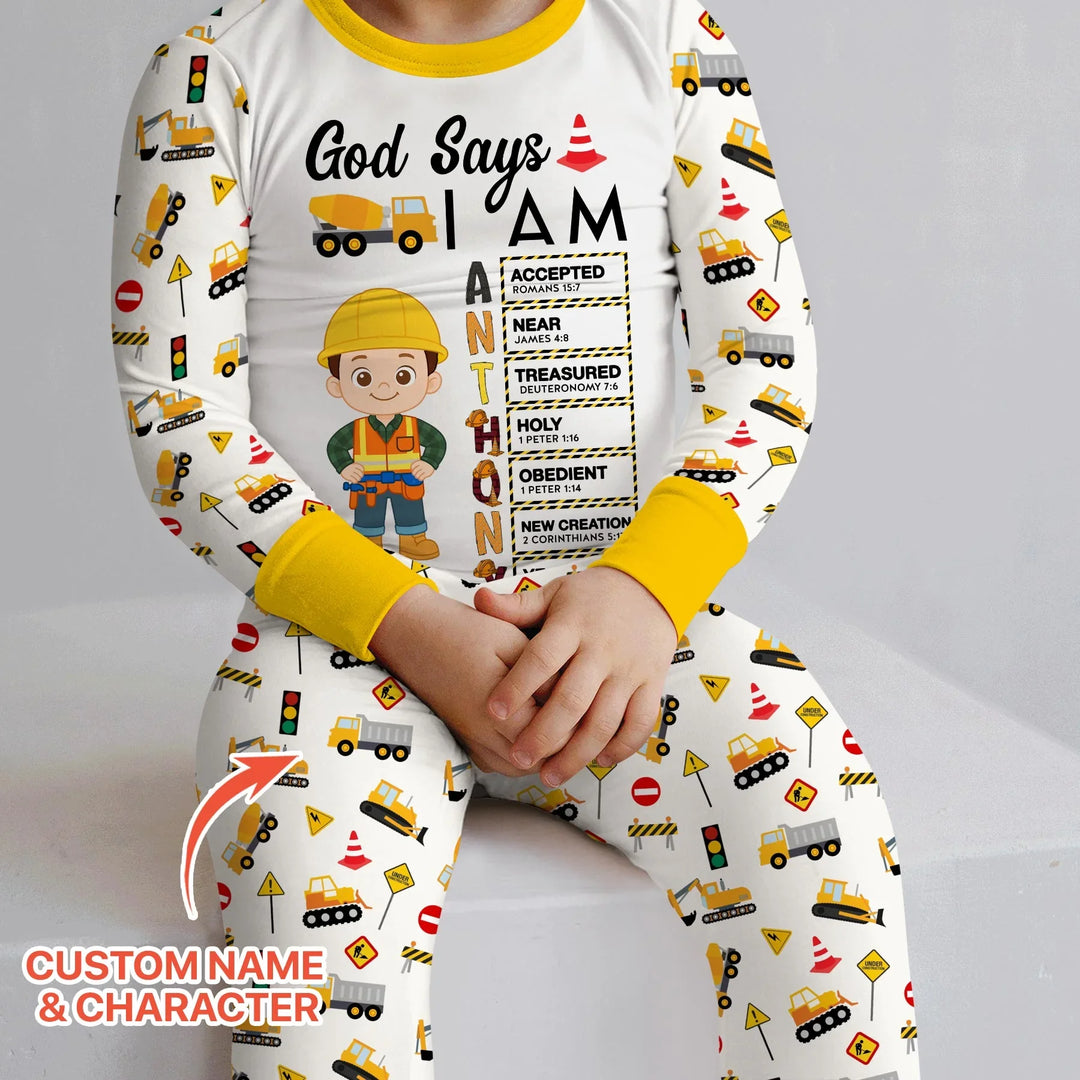 Custom Name God Says I Am Little Builder Letter in Bible Bamboo Two Piece Long Sleeve Pajama Set