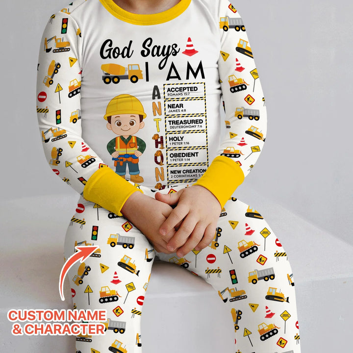 Custom Name God Says I Am Little Builder Letter in Bible Bamboo Two Piece Long Sleeve Pajama Set