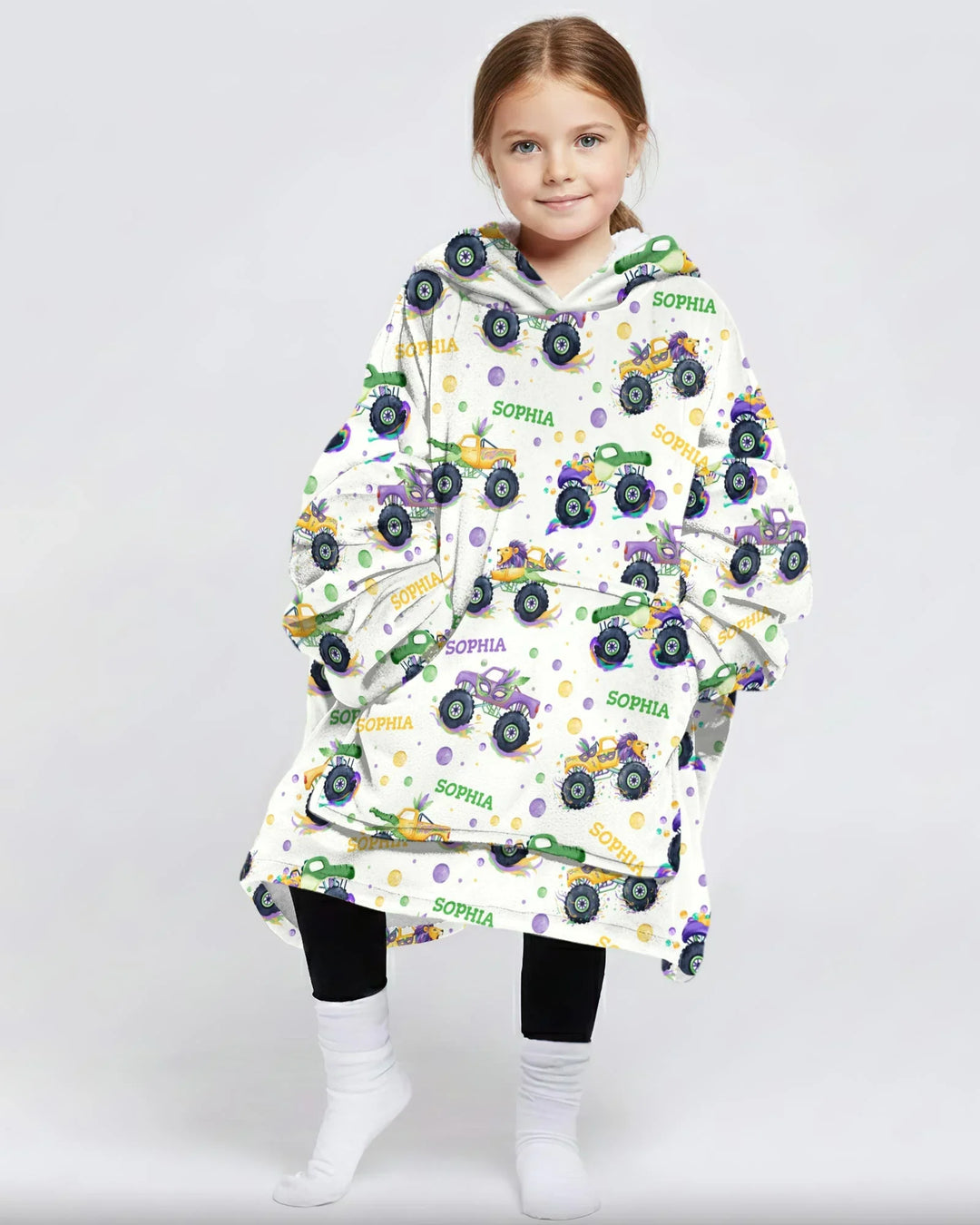 Custom Name Mardi Gras Monster Trucks Bamboo Blanket Hoodie