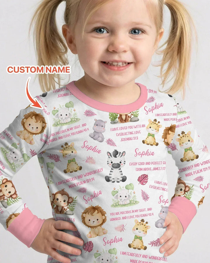 Custom Name Bible Verse Safari Animal Bamboo Two Piece Long Sleeve Pajama Set