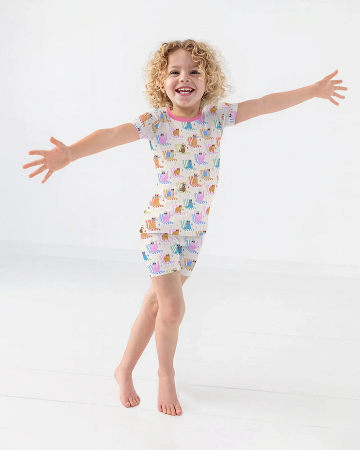 Meow Sunbathing Mommy & Me Matching Bamboo Two Piece Short Sleeve Shorts Pajama Set