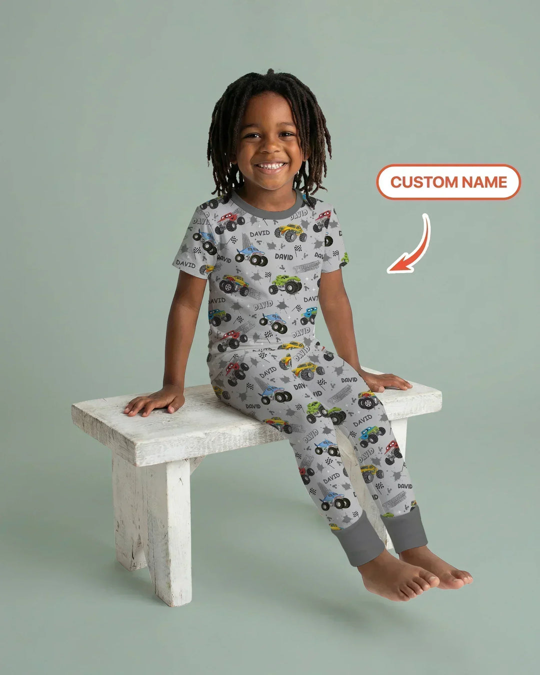 Monster Truck Dirt Jam Custom Name Daddy & Me Matching Bamboo Two Piece Short Sleeve Pajama Set