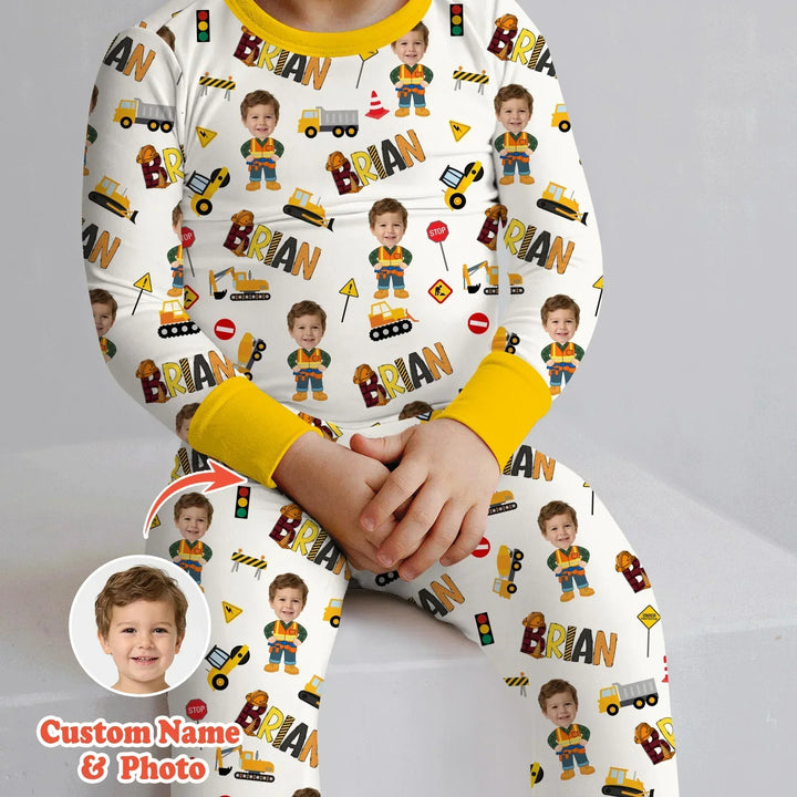 Custom Photo Doodle Little Builder Bamboo Two Piece Long Sleeve Pajama Set