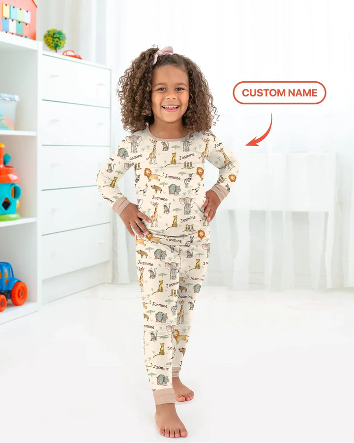 Safari Friends Custom Name Bamboo Two Piece Short Sleeve Pajama Set\