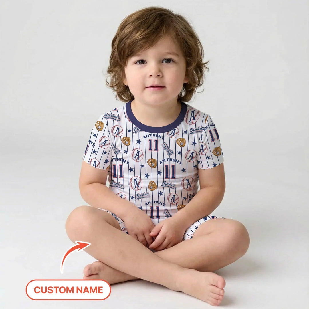 Custom Name Baseball Time Bamboo Two Piece Short Sleeve Shorts Pajama Set