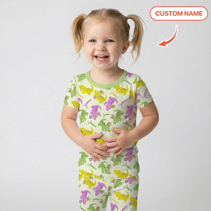 Custom Name Mardi Gras Alligator Bamboo Two Piece Short Sleeve Pajama Set