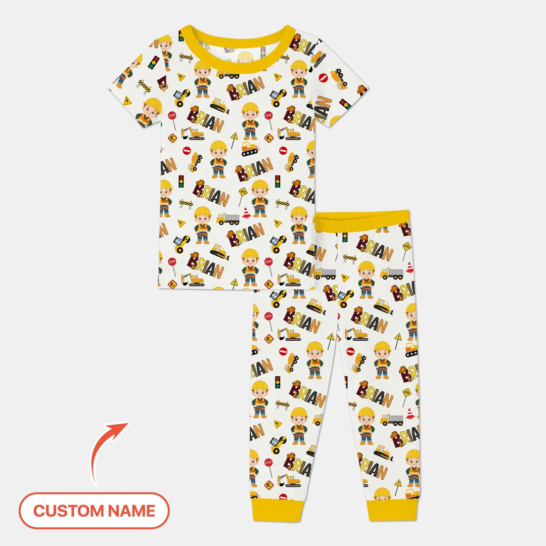 Custom Name Doodle Little Builder Bamboo Two Piece Short Sleeve Pajama Set