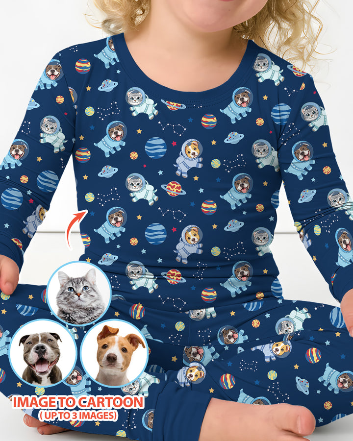 Astronaut Custom Pet Image Family Matching Bamboo Two Piece Long Sleeve Pajama Set