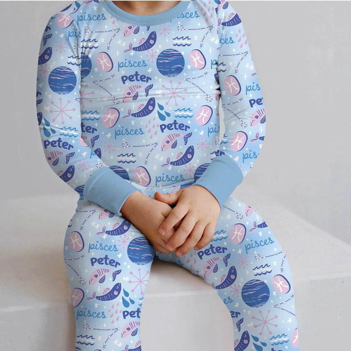 Custom Name Zodiac Pisces Bamboo Two Piece Long Sleeve Pajama Set