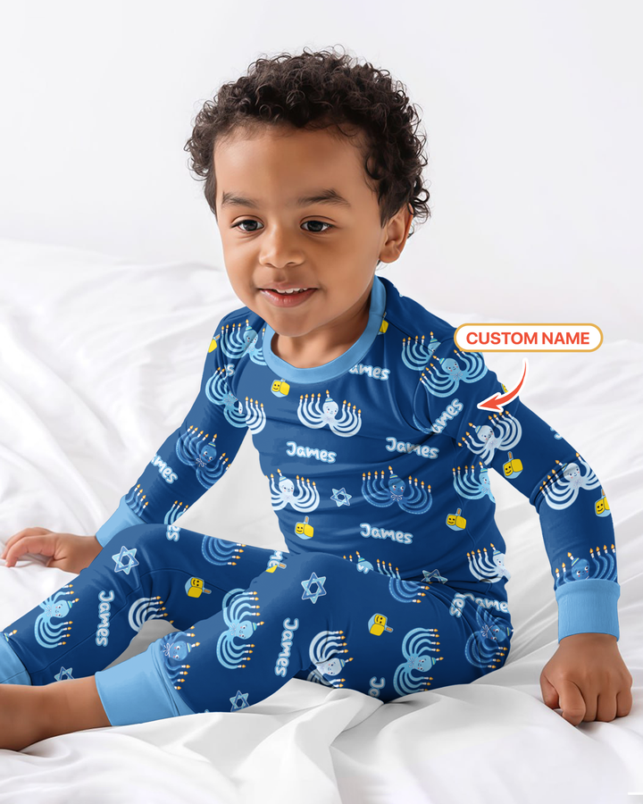 Hanukkah Jewish Octopus Bamboo Two Piece Long Sleeve Pajama Set