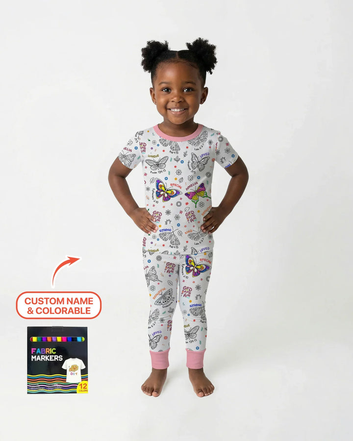 Colorable Custom Name God Says I Am Butterfly Bamboo Two Piece Short Sleeve Pajama Set