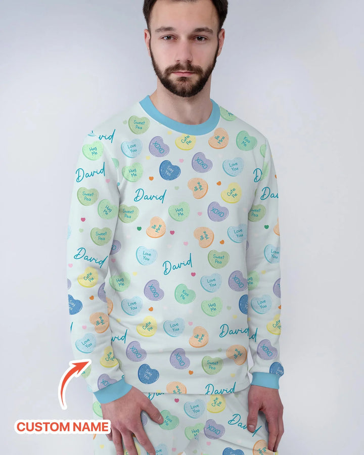 Custom Name Colorful Candy Hearts Family Matching Bamboo Men's Pajama Set