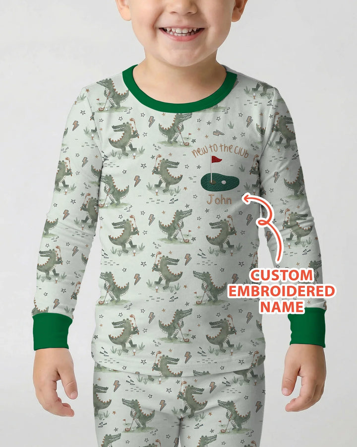 Personalized Embroidered Name Crocodile Golf Bamboo Two Piece Long Sleeve Pajama Set