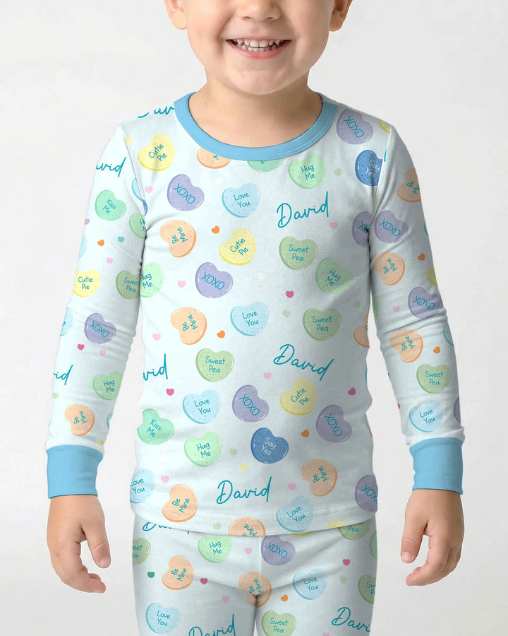 Custom Name Colorful Candy Hearts Family Matching Bamboo Two Piece Long Sleeve Pajama Set