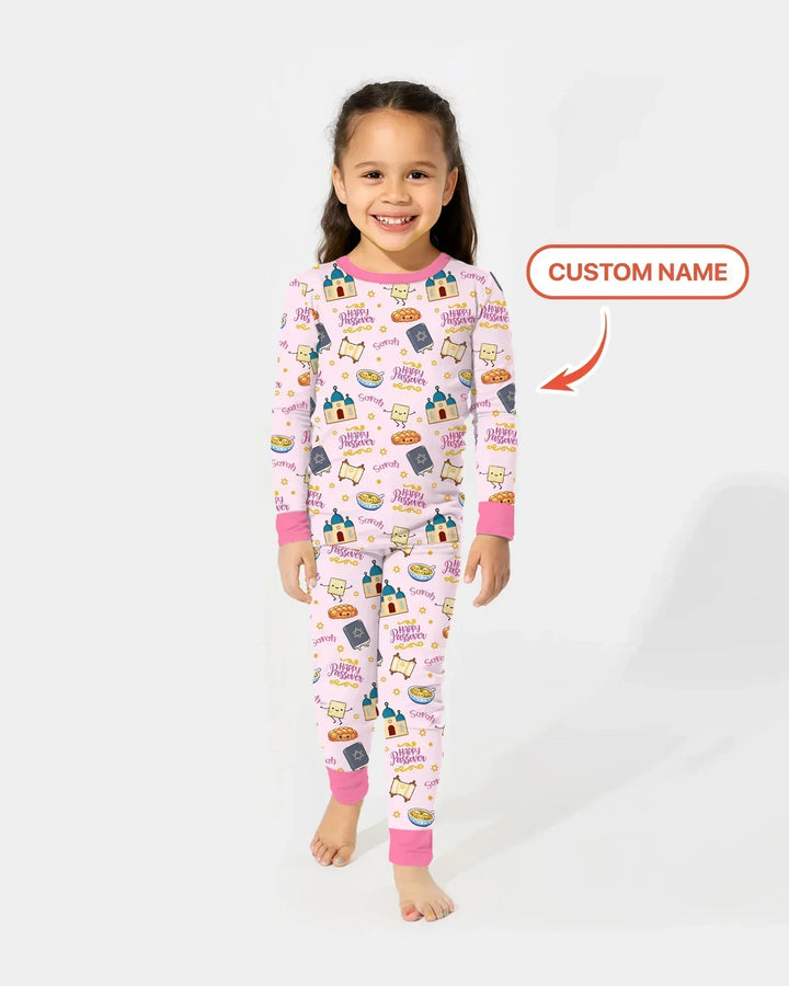 Custom name "Pesach Sameach" Bamboo Two Piece Long Sleeve Pajama Set