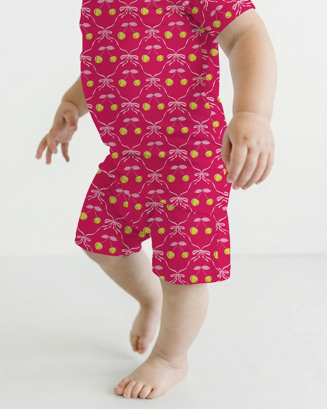 Cherry Baseball Softball Mom and Girl Matching Bamboo Two Piece Short Sleeve Shorts Pajama Set