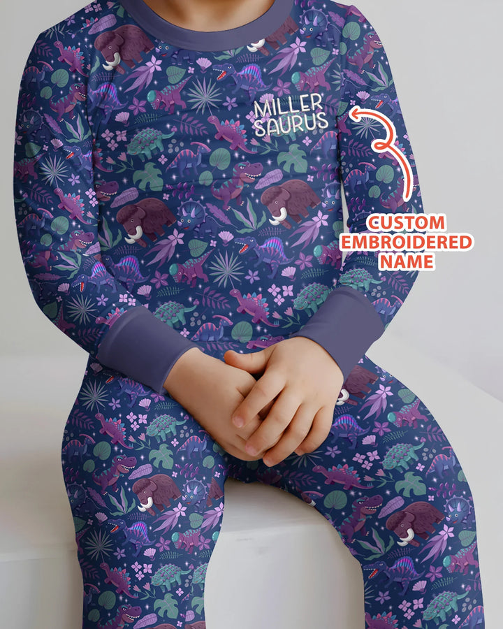 Custom Name Embroidered Dino Dream Night Bamboo Two Piece Long Sleeve Pajama Set
