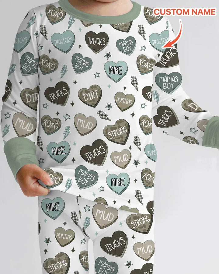 Personalized Camo Candy Hearts Bamboo Two Piece Long Sleeve Pajama Set