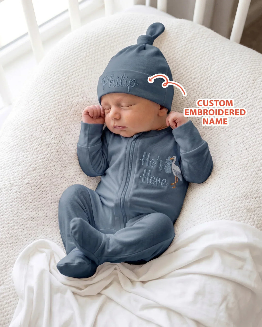 Personalized He's Here Embroidered Bamboo Hat