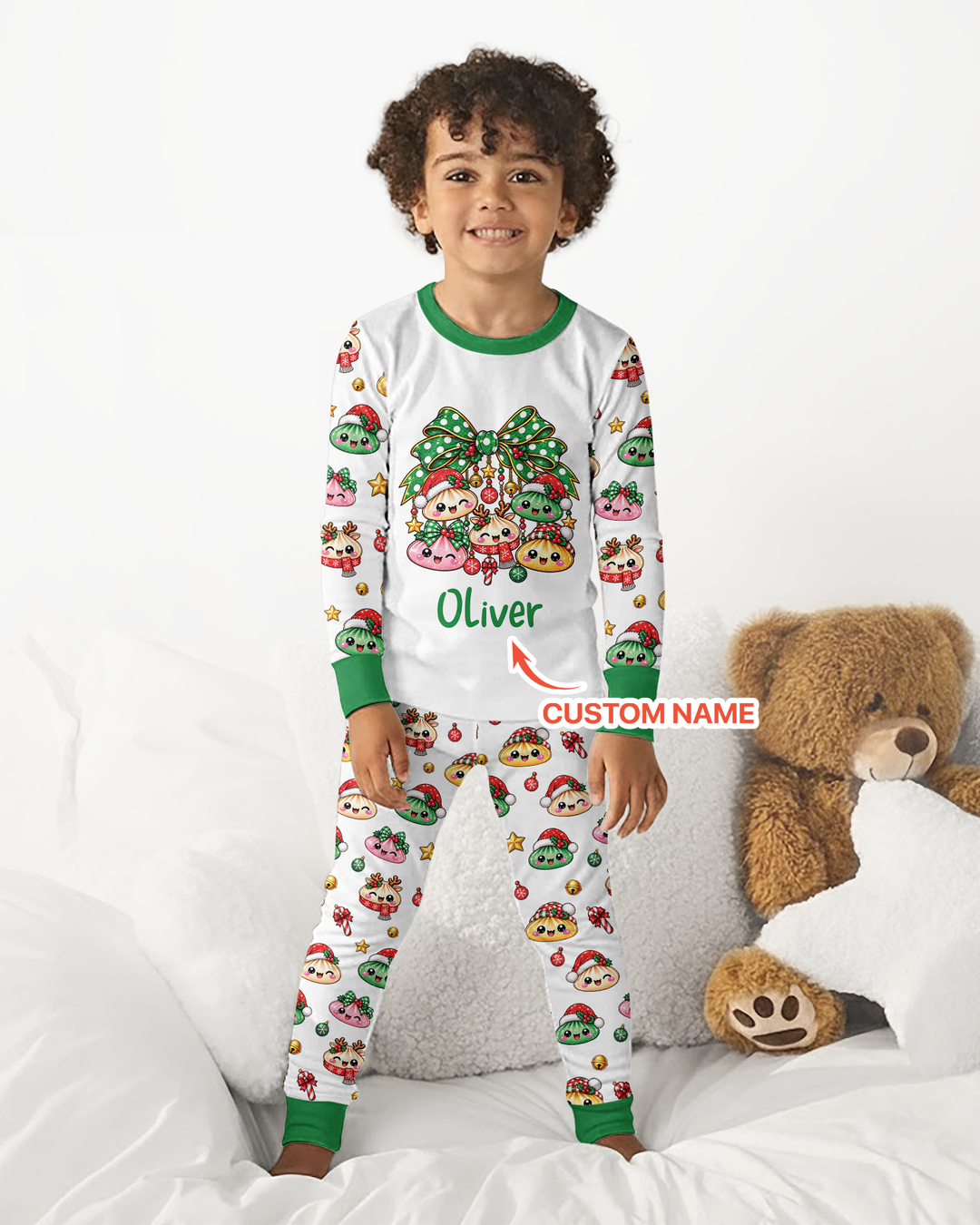 Custom Name Christmas Dumpling The Bow Bamboo Two Piece Long Sleeve Pajama Set