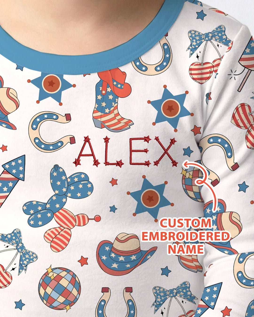 Custom Name Embroidered Howdy 4th Of July Bamboo Two Piece Long Sleeve Pajama Set