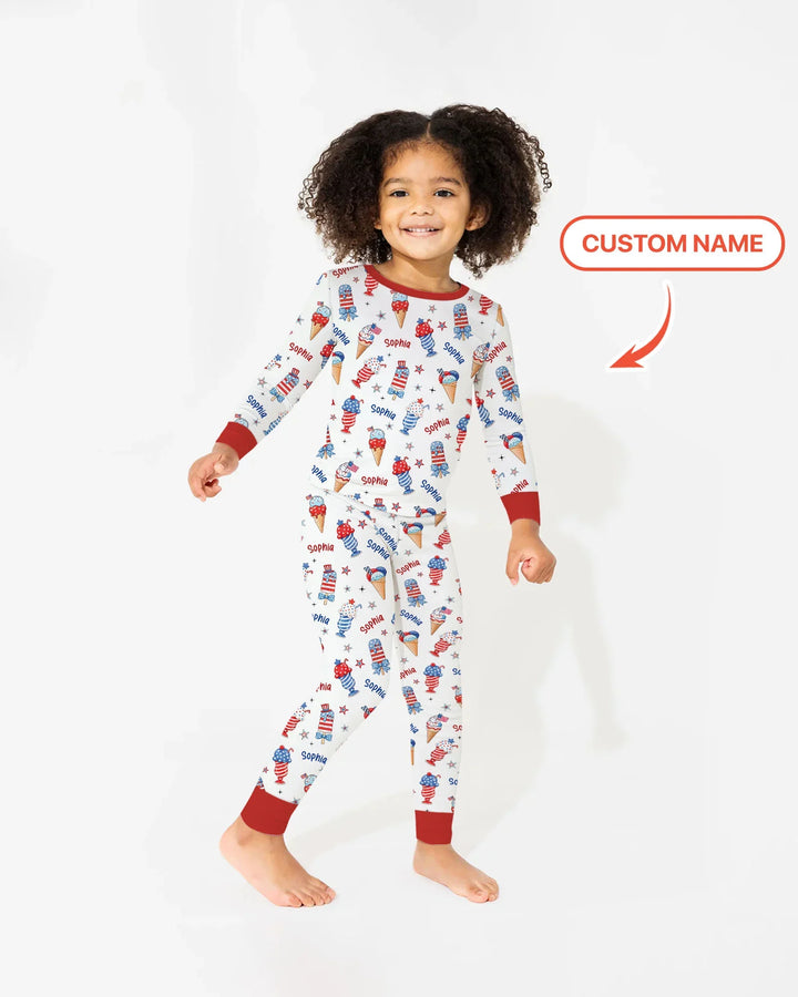 Custom Name Red, White & Ice Cream Bamboo Two Piece Long Sleeve Pajama Set