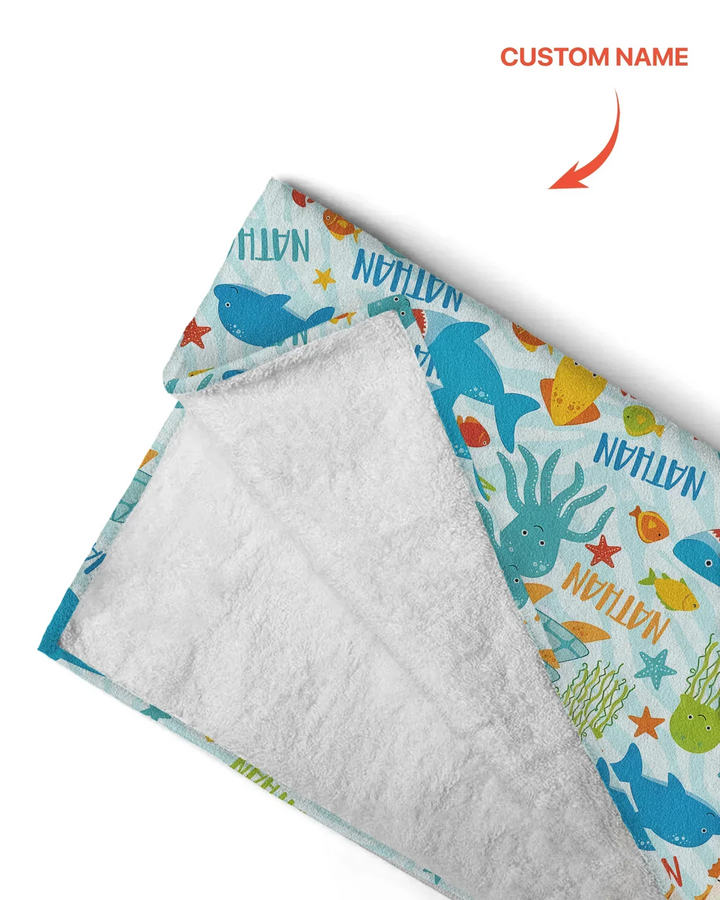 Custom Name Sea Life Kid Bamboo Beach Towel