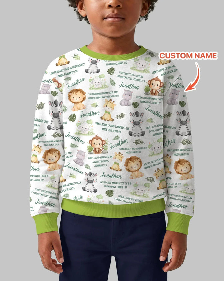 Custom Name Bible Verse Safari Animal Bamboo Crewneck Sweatshirt