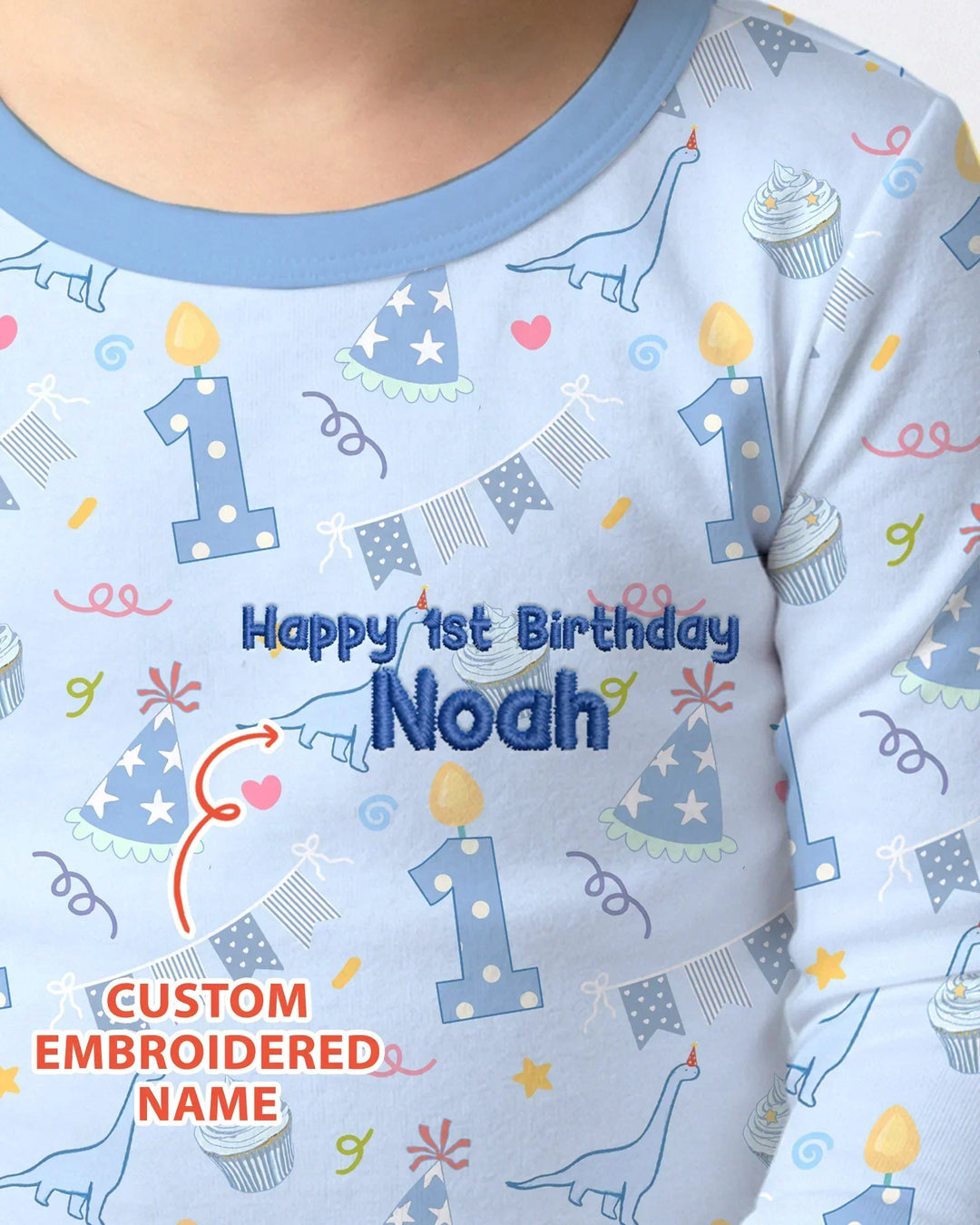 Personalized 1st Birthday Boy Embroidered Baby Bamboo Two Piece Long Sleeve Pajama Set