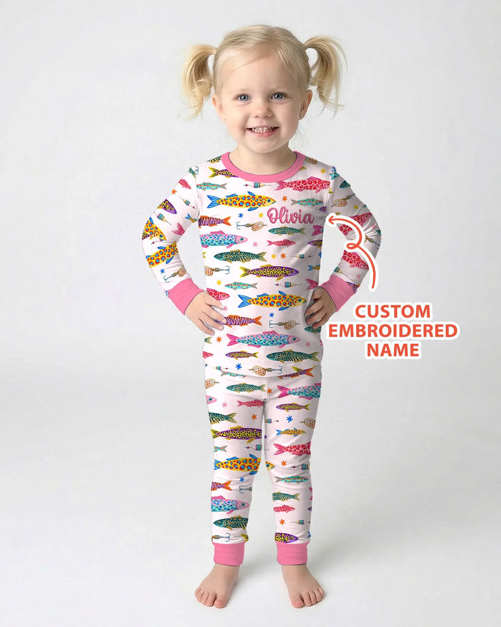 Custom Name Embroidered Colorful Fish Bamboo Two Piece Long Sleeve Pajama Set