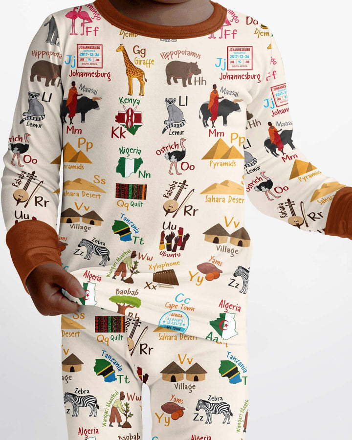 Explore Africa Geography Alphabet Bamboo Two Piece Long Sleeve Pajama Set