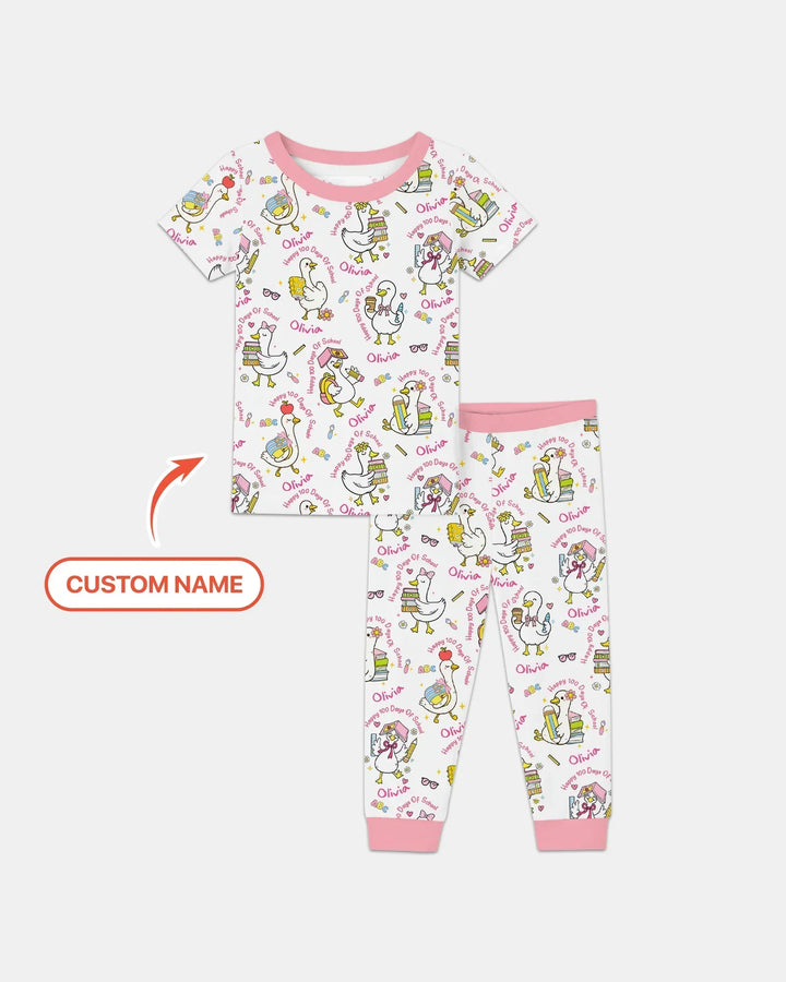 Custom Name Goose Happy 100 Days Of School Bamboo Two Piece Short Sleeve Pajama Set