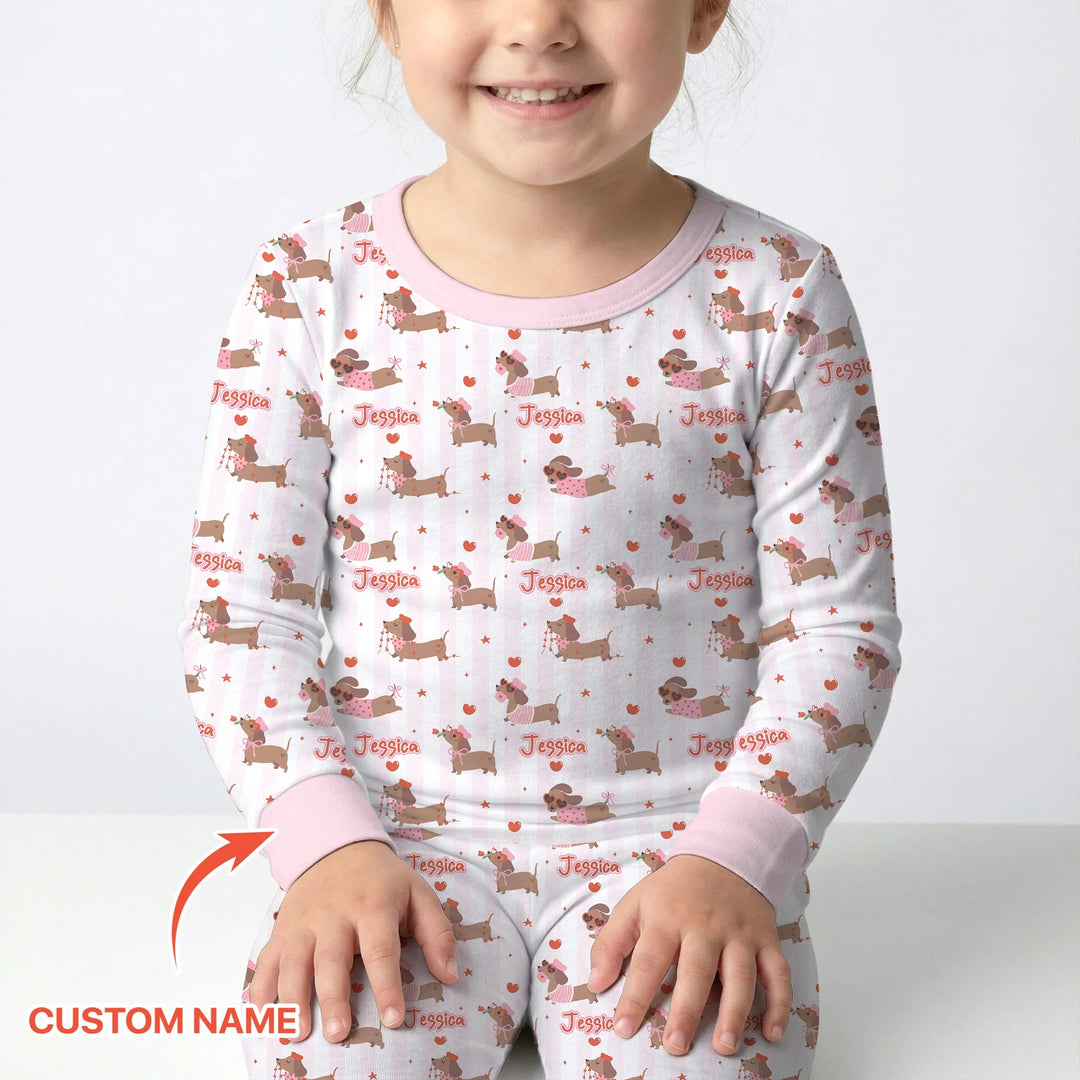Custom Name Valentine Dachshund Family Matching Bamboo Two Piece Long Sleeve Pajama Set