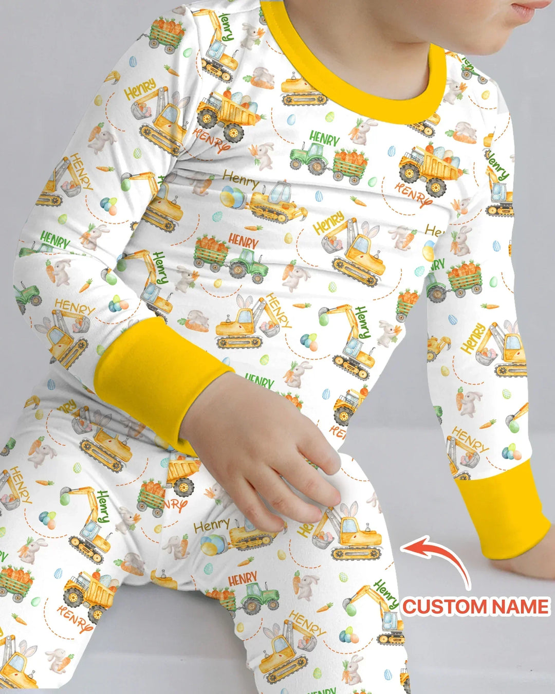 Easter Construction Vehicles Custom Name Bamboo Two Piece Long Sleeve Pajama Set