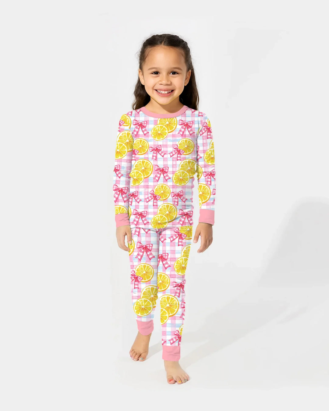 Pink Lemons Bows Checkered Bamboo Two Piece Long Sleeve Pajama Set