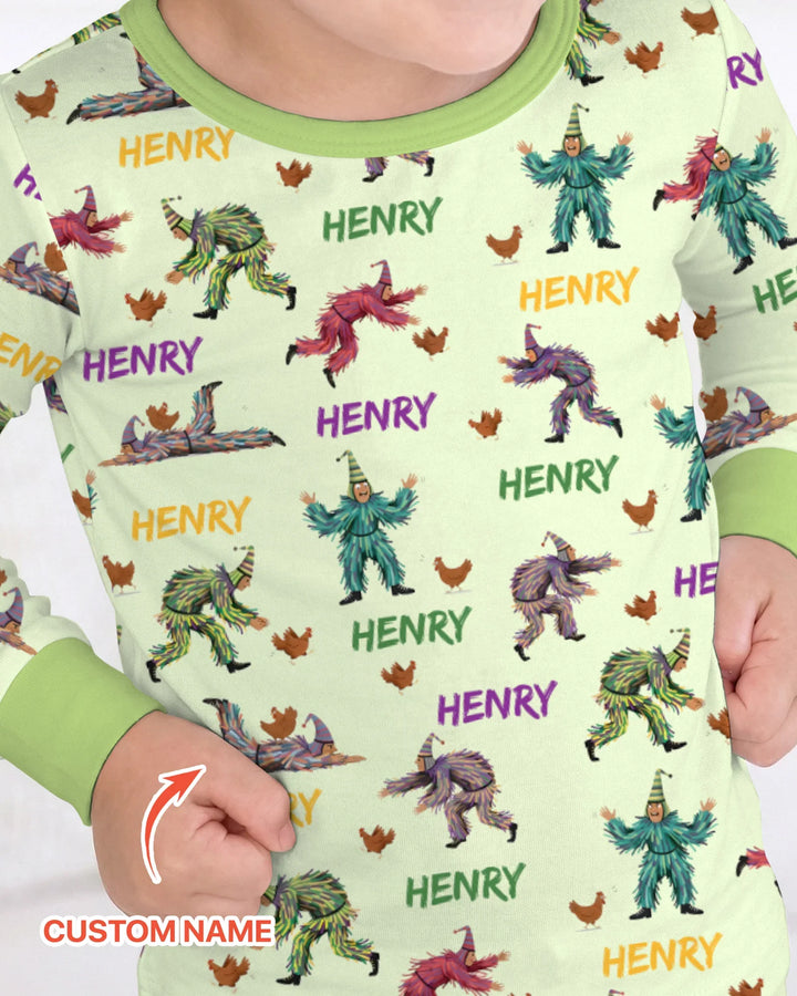 Custom Name Mardi Gras Chicken Chase Family Matching Bamboo Two Piece Long Sleeve Pajama Set