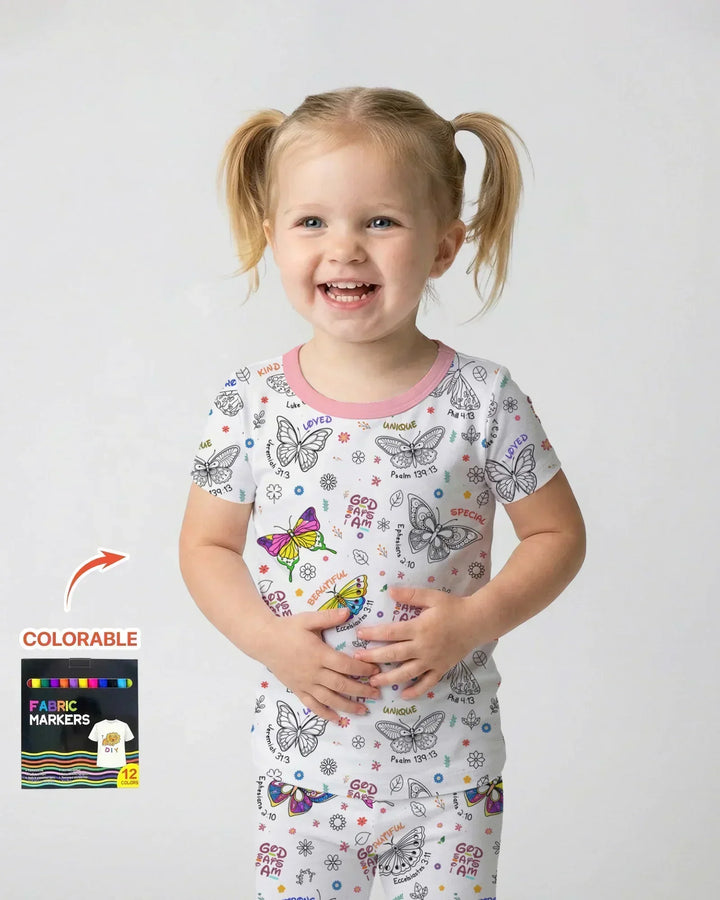 Colorable God Says I Am Butterfly Bamboo Two Piece Short Sleeve Pajama Set