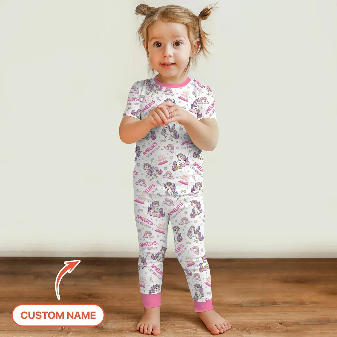 Custom Name Little Unicorn's Birthday Bamboo Two Piece Short Sleeve Pajama Set
