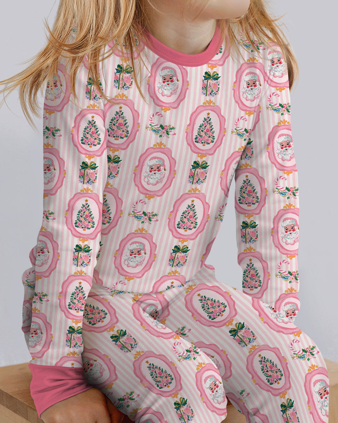 Pink Vintage Christmas Bamboo Two Piece Long Sleeve Pajama Set