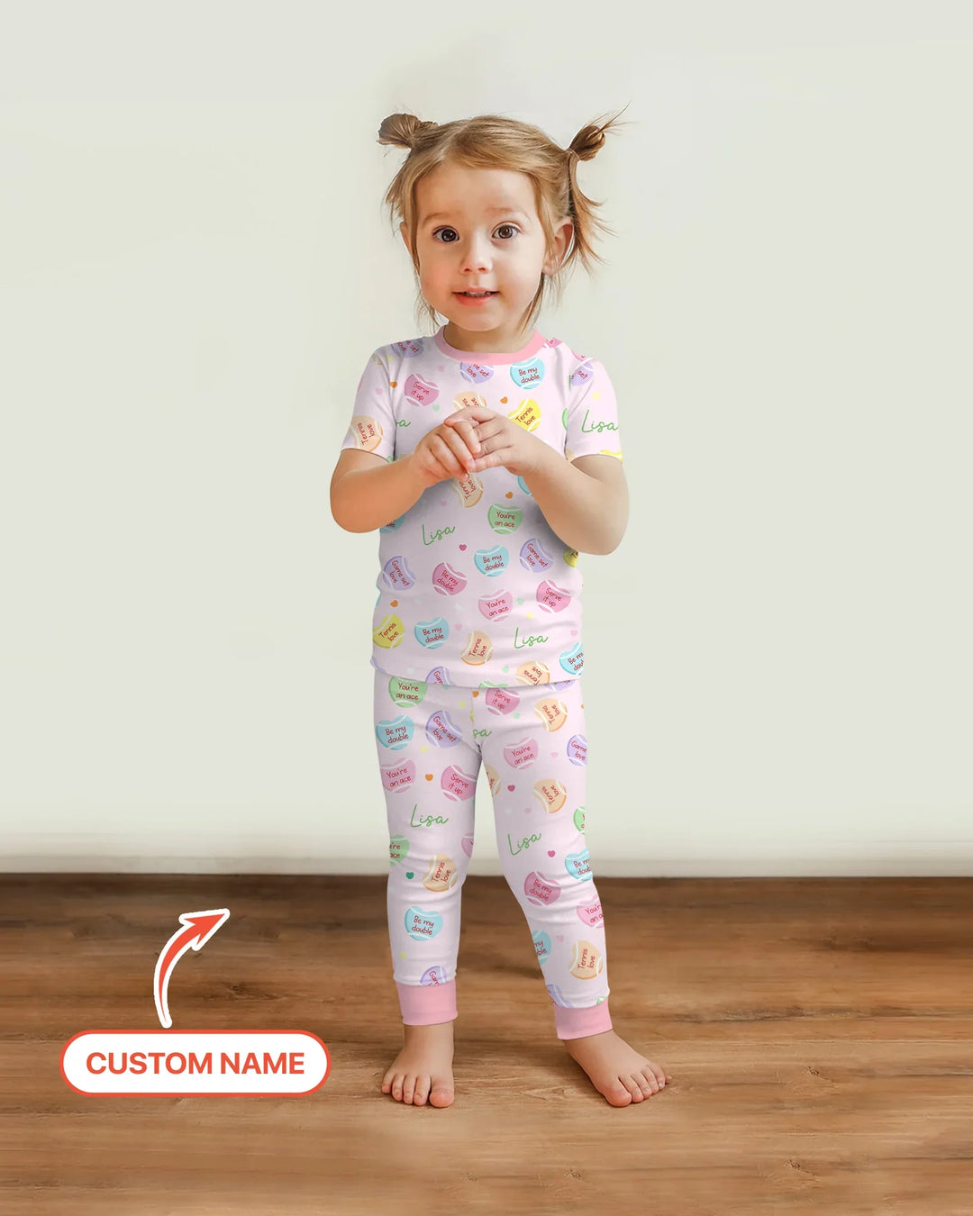 Custom Name Tennis Candy Hearts Bamboo Two Piece Short Sleeve Pajama Set
