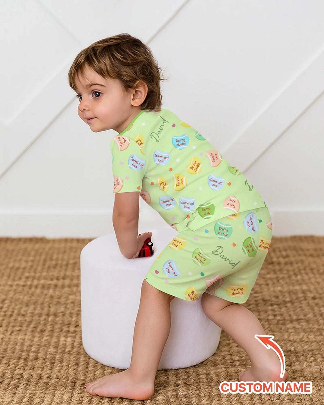 Custom Name Tennis Candy Hearts Bamboo Two Piece Short Sleeve Shorts Pajama Set