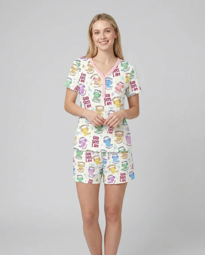 Axolotl God Says I Am Custom Name Bamboo Women Short Sleeve Short Pajama Set