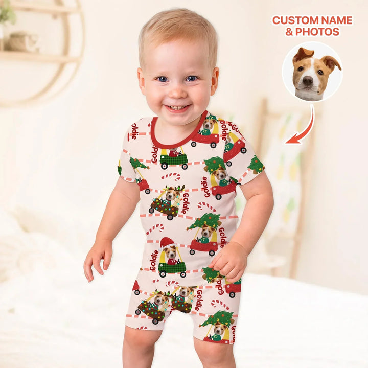 Custom Pet Photo Christmas Tikes Car Bamboo Two Piece Short Sleeve Shorts Pajama Set