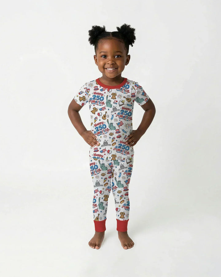 Happy 250 America I love USA Bamboo Two Piece Short Sleeve Pajama Set