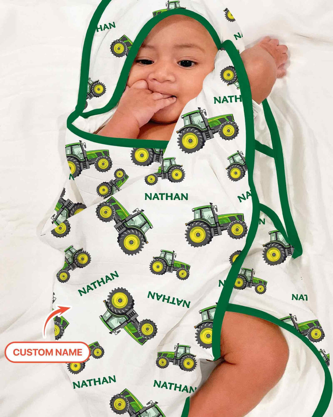 Custom Name Green Tractors Matching Daddy & Me Hooded Bamboo Towel Set