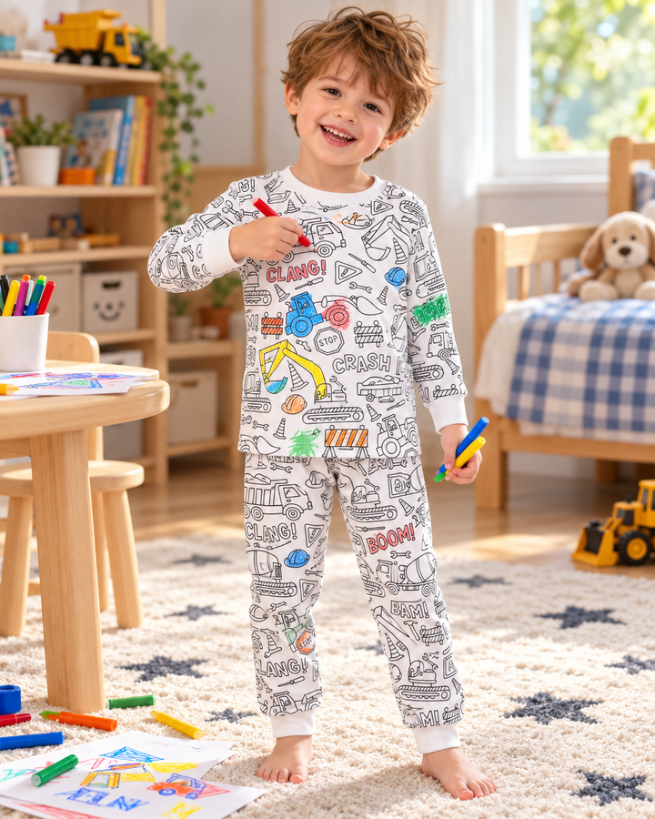 Construction Zone Colorable Bamboo Two Piece Pyjamas Set