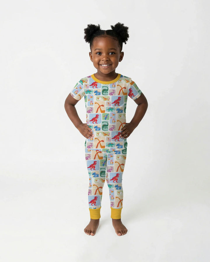 Rainbow Dino Friends Family Matching Bamboo Two Piece Short Sleeve Pajama Set