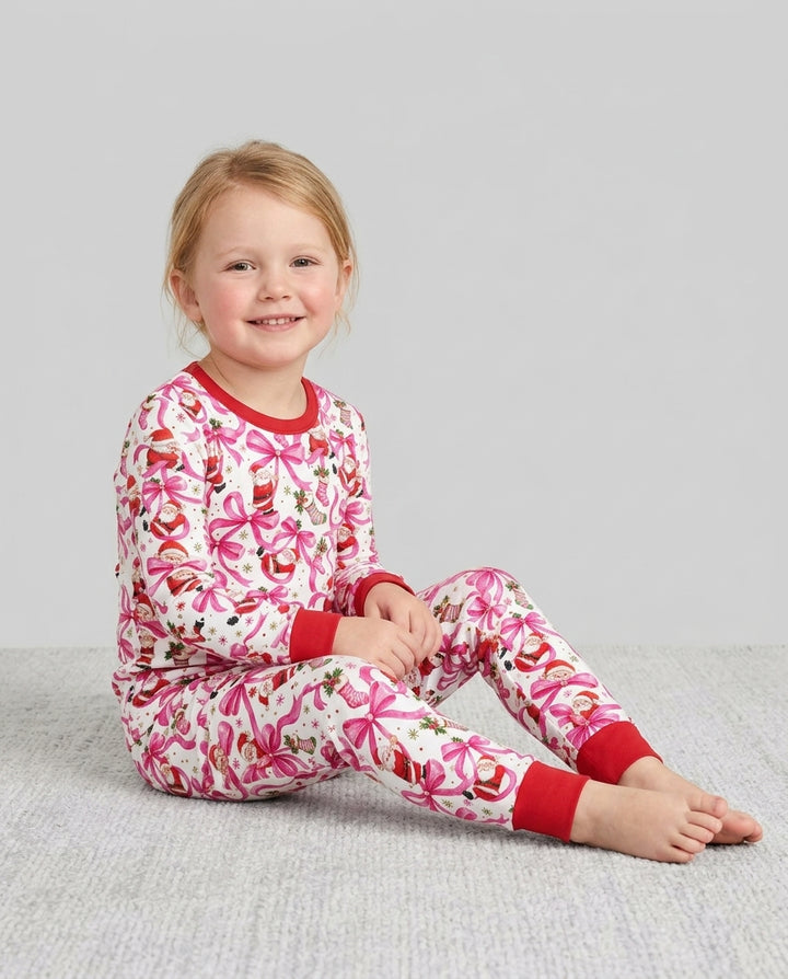 Pink Christmas Santa Bows Bamboo Two Piece Long Sleeve Pajama Set