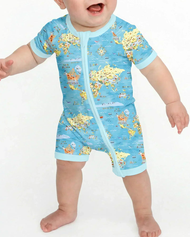 Whimsical World Map Family Matching Bamboo Shorty Zippy